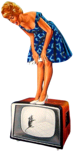 An illustration of a 1950s house wife in a blue dress. She's standing on a TV and screaming. There is an image of a mouse on the TV. If you click this image, you'll be taken to my secret page of YouTube videos.