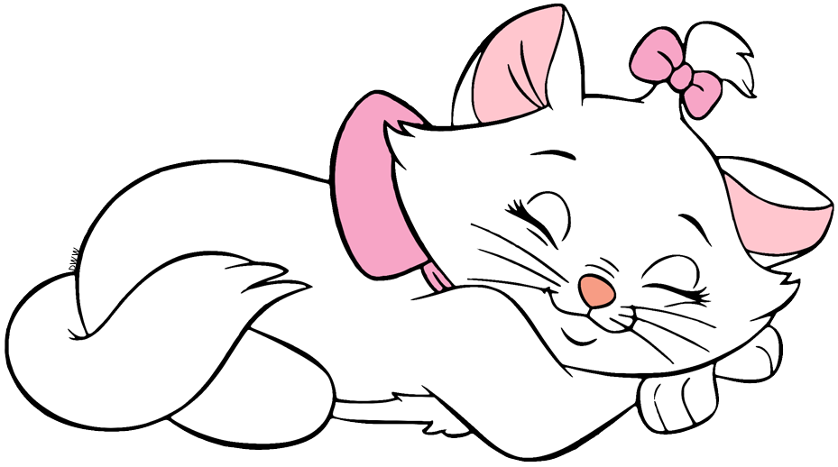 An image of Marie from the Aristocats sleeping. She is a small, white kitten with a pink bow in her hair.