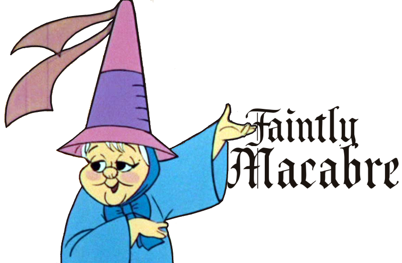 An illustration of Faintly Macabre, the witch from the Phantom Tollbooth (1970). She's an elderly lady with white hair wearing a blue robe and a pink princess-style hat with a purple band. She is gesturing to medieval style text that says 'Faintly Macabre.'