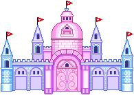 An illustration of a castle. The castle is colored with a blue to purple to pink gradient. The image was found on the site Bonibel's Graphics.