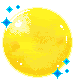 A pixel illustration of a yellow moon with small blue stars floating around it.